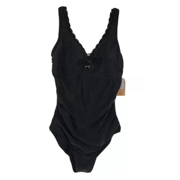 Kona Sol Women's One Piece Black Swimsuit Small 4 6 Lace-Up Scallop Edge Swim T8 - Picture 2 of 7
